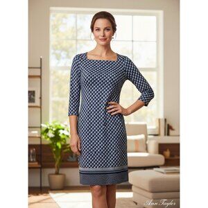 Ann Taylor Factory Blue & White Geometric Print Dress L Square Neckline 3/4 Slee